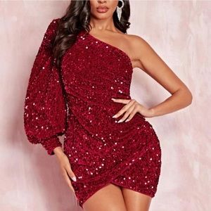 burgundy Sequin One Shoulder Lantern Sleeve Bodycon mini Dress